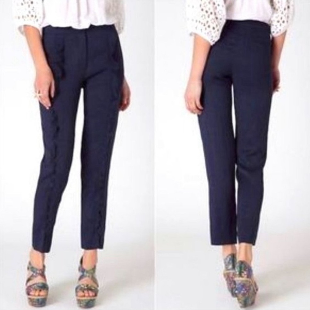 LEIFSDOTTIR Navy Blue Viscose linen Tapered Ruffle Copped Pants Women's Sze 14